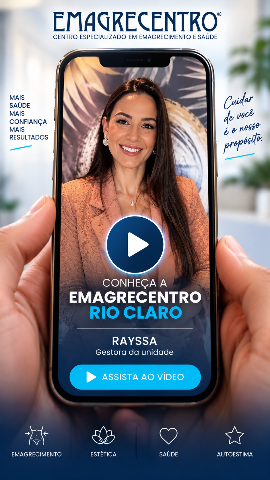 Capa do vídeo: Rayssa, gestora da Emagrecentro Rio Claro, convidando a assistir à mensagem da unidade